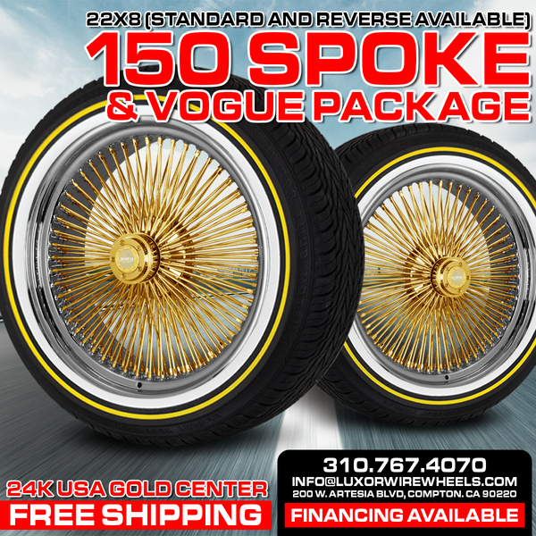 [SALE] 4PC 22X8" 150 Straight Lace Gold Center Wheel Set with free Vogue Tires