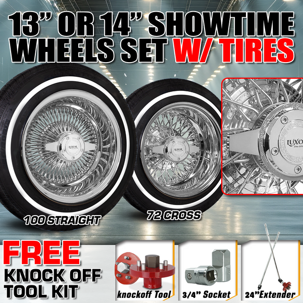 [SALE] 13" OR 14" 4PC SHOWTIME CHROME WHEEL SETS WITH FREE KNOCK OFF TOOL KIT