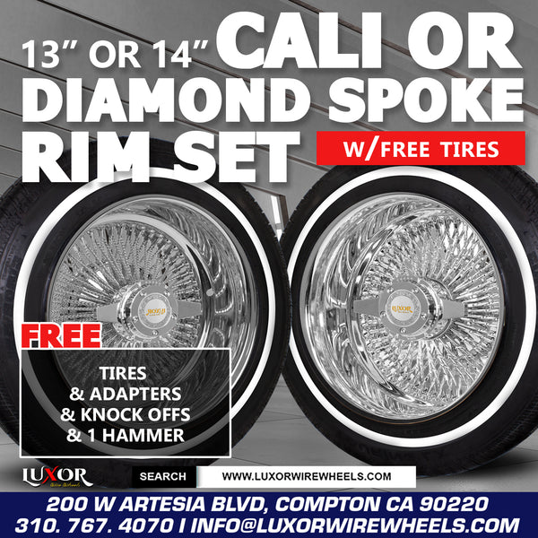 [SALE] 13" or 14" 4PC Chrome Wheel Sets with Diamond or Cali Spokes and Free Tires