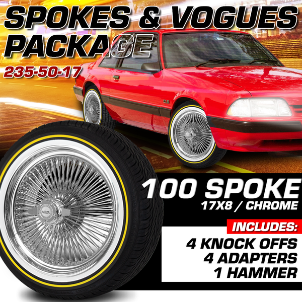 [SALE] 4PC 17x8 100 Straight Lace Standard Chrome Wheel Set with Vogues Tires