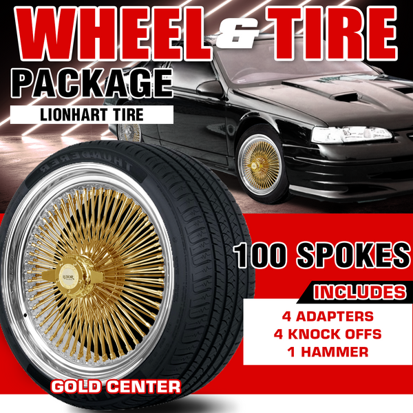 [SALE] 4PC 17x8 100 Straight Lace Standard Gold Center Wheel Set with Lionhart Tires