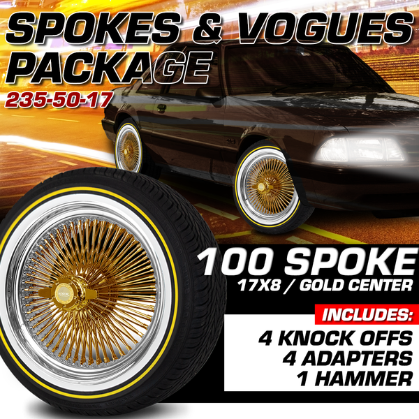 [SALE] 4PC 17x8 100 Straight Lace Standard Gold Center Wheel Set with Vogues Tires