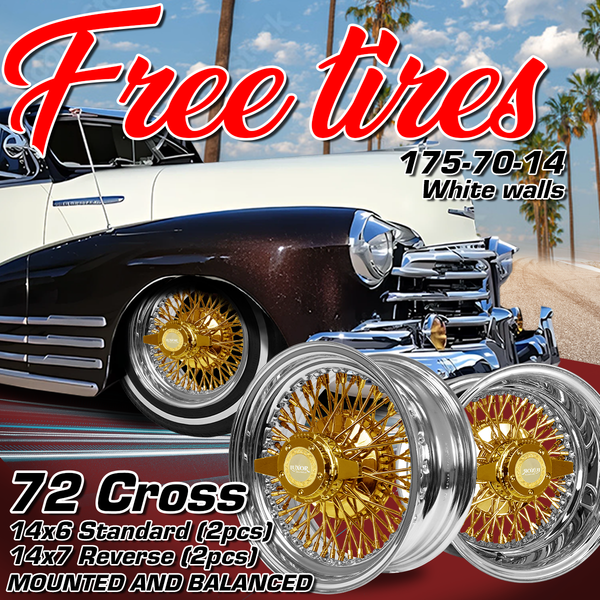 [SALE] Staggered 14x6 Standard / 14x7 Reverse 72-Spoke Cross Lace Gold Center Wheel Set (4-Piece) + FREE White Wall Tires
