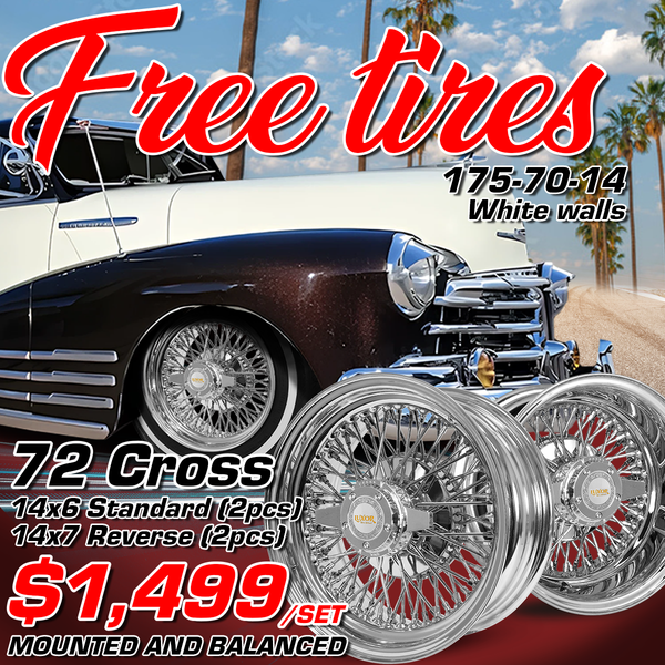 [SALE] Staggered 14x6 Standard / 14x7 Reverse 72-Spoke Cross Lace Chrome Wheel Set (4-Piece) + FREE White Wall Tires