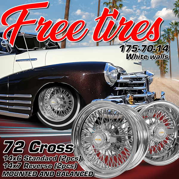 [SALE] Staggered 14x6 Standard / 14x7 Reverse 72-Spoke Cross Lace Chrome Wheel Set (4-Piece) + FREE White Wall Tires