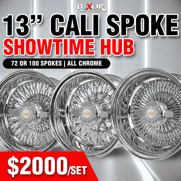 4PC 13" Cali Spoke Showtime Hub 72 or 100 Spokes Reverse All Chrome