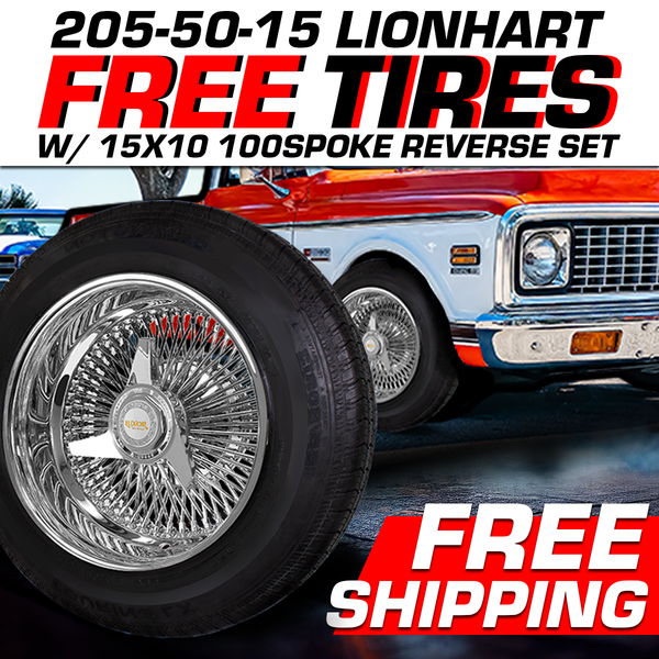 [SALE] 4PC 15x10 100 Straight Lace Reverse Chrome Wheel Set with Free Lionhart Tires