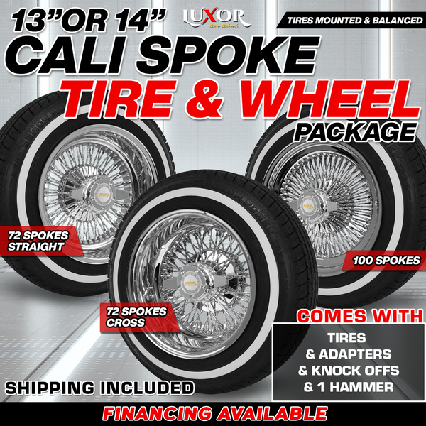 [SALE] 4PC 13" or 14" 72 or 100 Cali Spoke Chrome Reverse Wheel Set with Free Tires