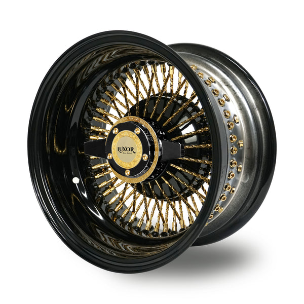 4PC 13x7" 72 Cali Spoke Straight Reverse Wire Wheels – Black & Gold Powder Coat