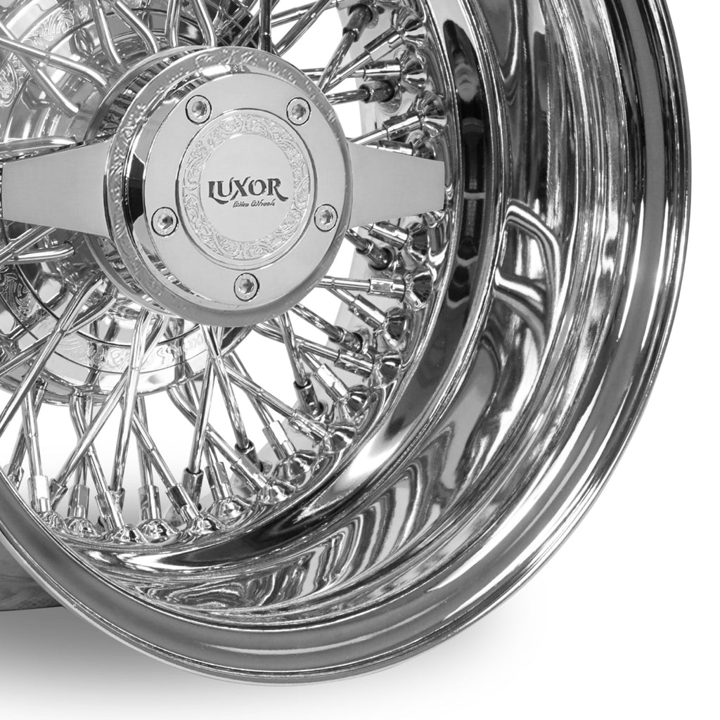 4PC SET 13x7 72 Spoke Cross Reverse Chrome SHOWTIME | LUXOR WIRE WHEELS