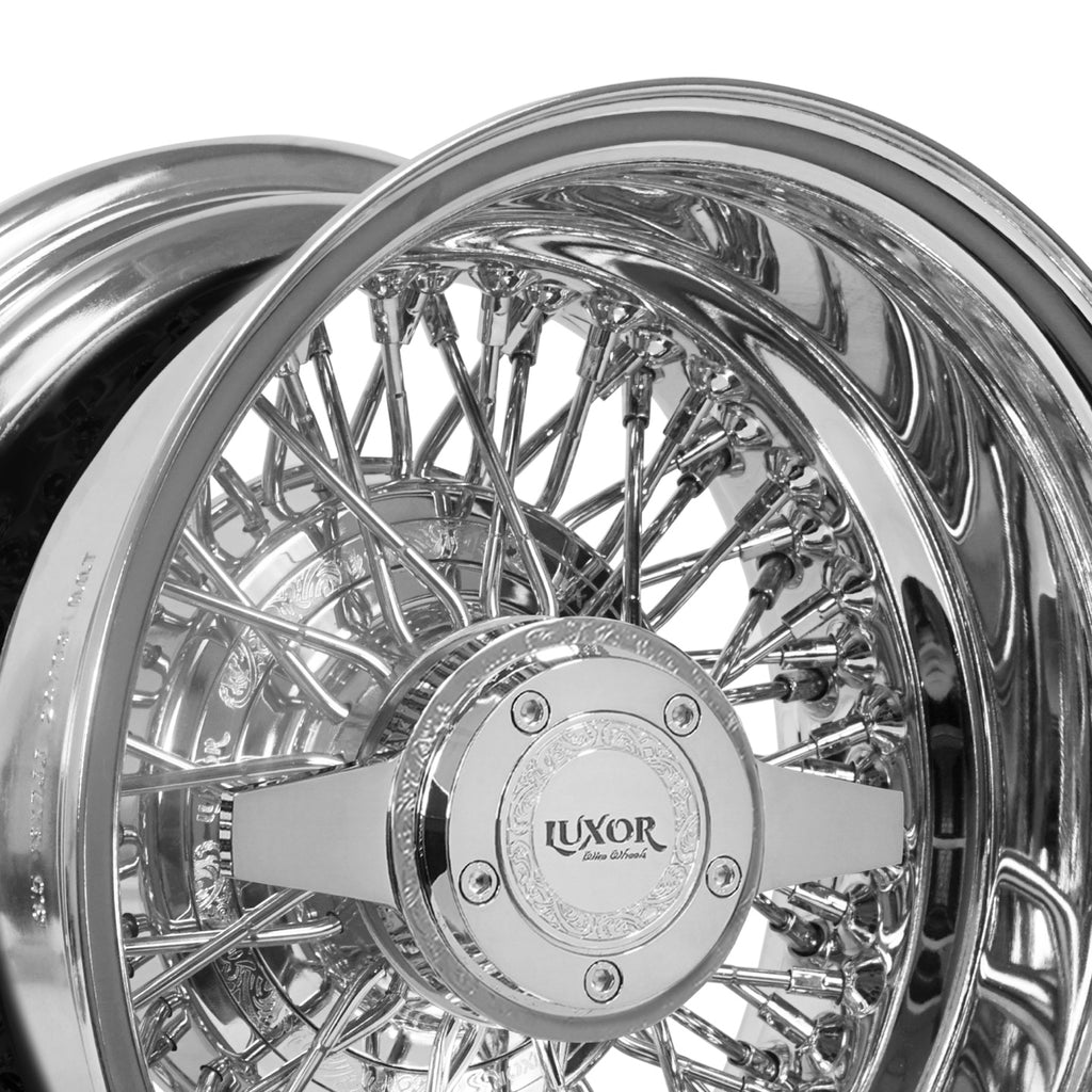 4PC SET 13x7 72 Spoke Cross Reverse Chrome SHOWTIME | LUXOR WIRE WHEELS