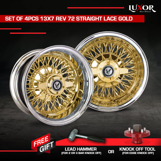New 13x7 Reverse 100 Spokes Straight-Lace Solid Gold Wire Wheels